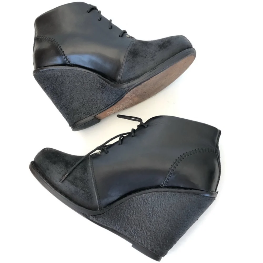 Rag & Bone Wedge Booties Odval Desert Black Leather Distressed Suede 8